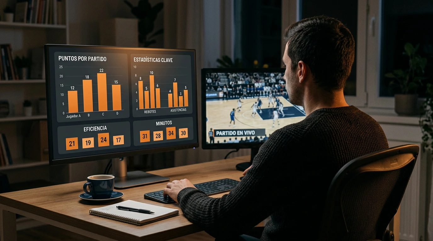 Persona analizando estadísticas de baloncesto ACB en un portátil con gráficos de rendimiento