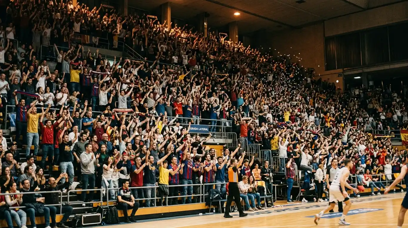 Afición animando en un pabellón de la ACB con ambiente intenso durante un partido de baloncesto