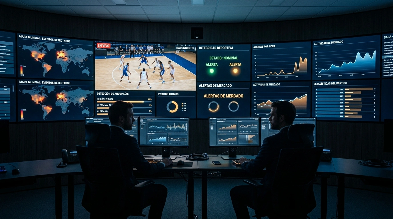 Centro de monitorización de integridad deportiva con pantallas mostrando datos de eventos de baloncesto