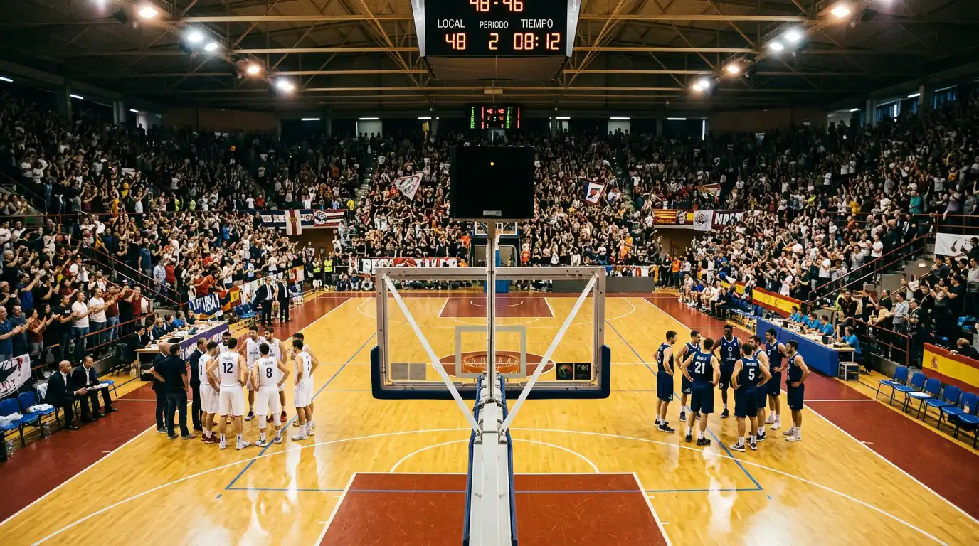 Pabellón de baloncesto durante un partido de la Liga Endesa ACB con gradas llenas de espectadores